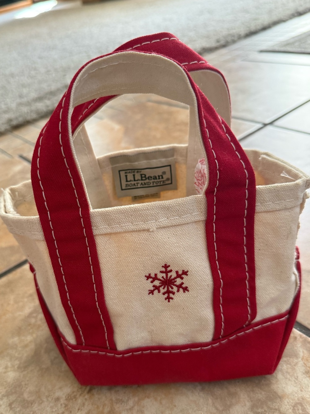 L.L. Bean Cream & Red Mini Canvas Tote with Snowflake Embroidery